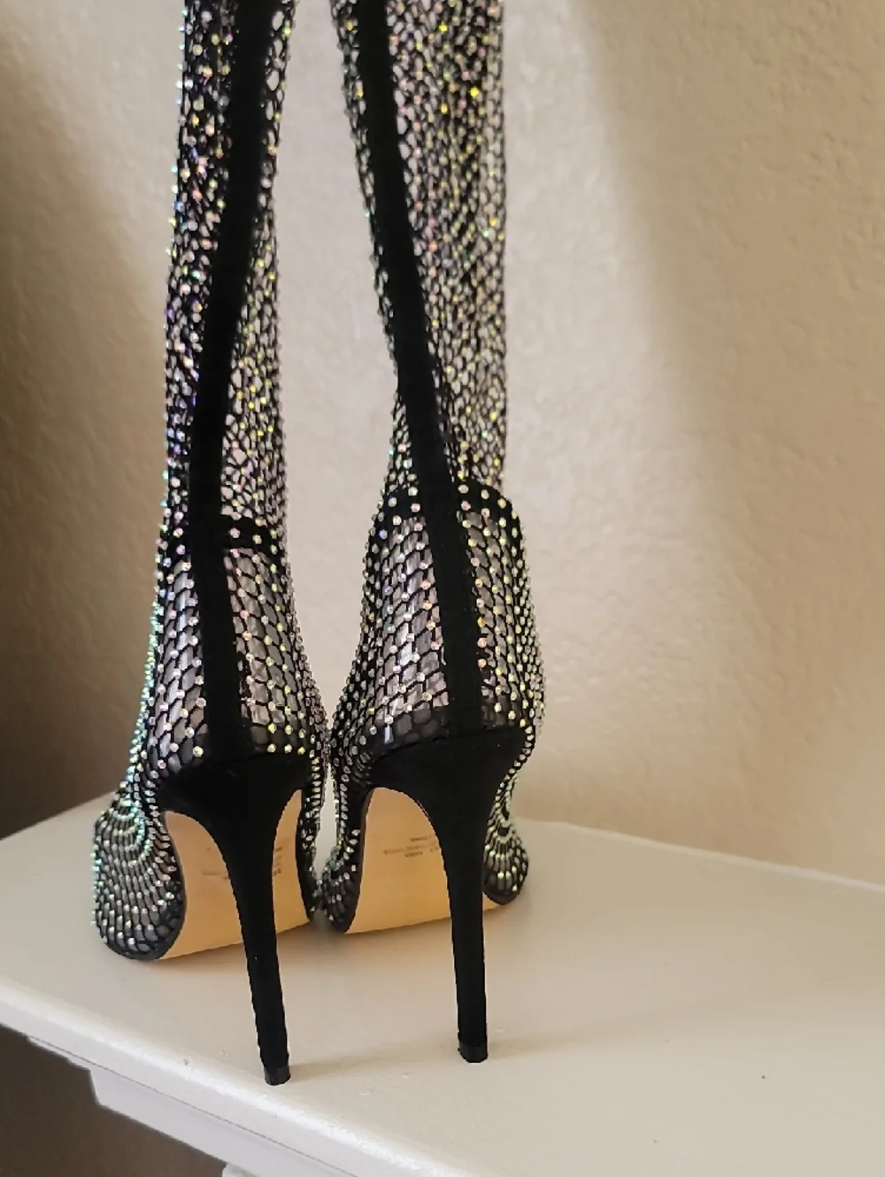 Rhinestone Mesh Pointed-Toe Stiletto Boots - Black - Picture 4 of 4
